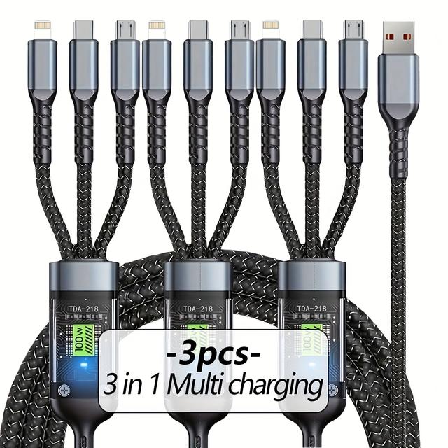 TEMU 2/3pcs Multi Charging Cable 3in 1 Multi Usb Charger Fast Charging Cable Nylon Braided Multiple Charger Adapter Cord With Type C Micro Usb Port For Cell Phones Tablets