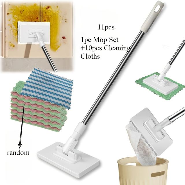 TEMU Set Of 11 Reusable Mini Mops With Cloths, 360° Compact Flat Mop For Dusting, Ideal For Cleaning Walls, Bathrooms, Windows, And Corners, With 10 Cloths | Suitable For Dry And Wet Cleaning