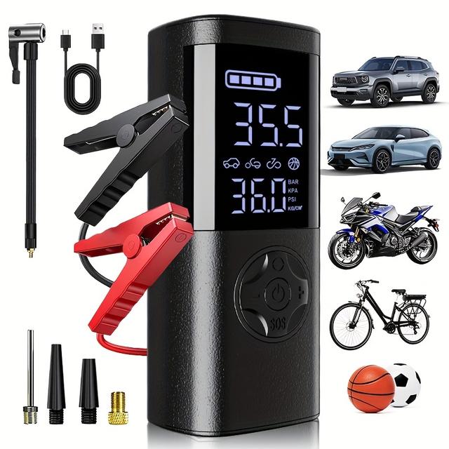 TEMU Emergency Car Jump Starter & Tire Inflator 2-in-1 - Car Power, With Led Display, Flashlight & Usb , Design Problems Such As And Flat Tires, Car Starting Tool, High Quality And Durable