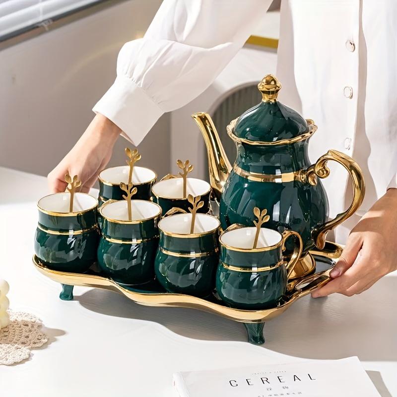 TEMU European High-end -emerald Ceramic Teapot Set With Coffee Pot, Guest Tea Cup, And Home Kettle