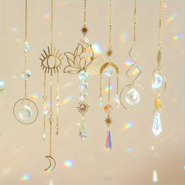 TEMU 6pcs Of Suncatcher In Golden And Silvery, Crystal Hanging Sun Catchers, Prism Chain Pendant Decorations, Crystal Balls For Windows And Outdoor Use
