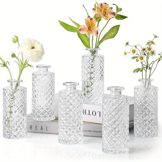 TEMU Glass Bud Vases Set Of 6, Small Diamond Bud Vases In Bulk, Mini Flowers Vases For Centerpieces, Vintage Bottle For Table Decorations, Wedding Decor, Recepetion, Home, (clear)