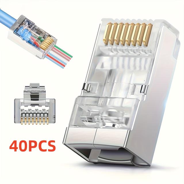 TEMU 25/40/66/88pcs Shielded Rj45 Cat6 Cat6a Pass Through Connectors - 3 Prong 8p8c Gold Plated Ethernet Connectors For Ftp/stp & Solid Wires