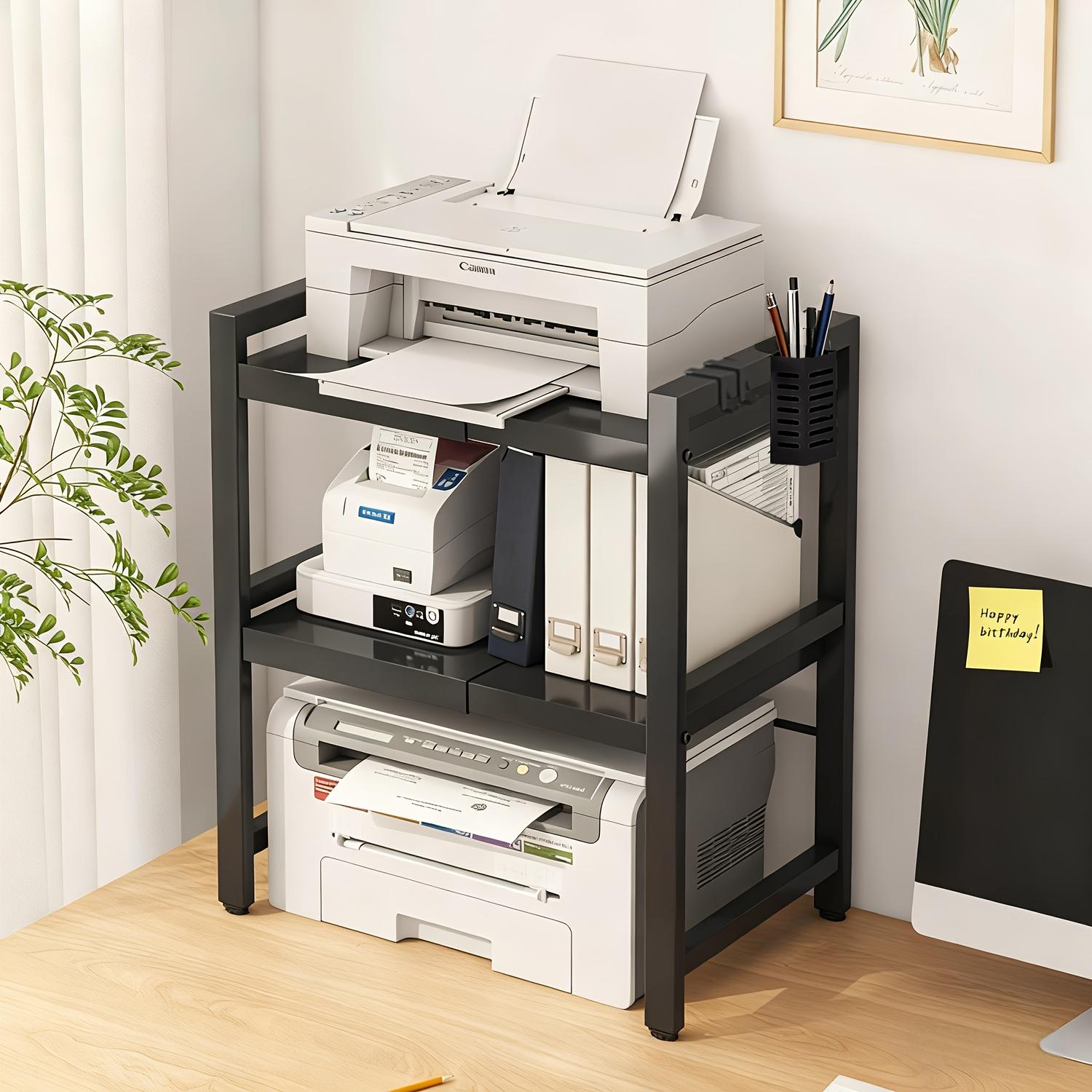 TEMU 2-tier/3-tier Printer Stand With 2 Hooks, Pen Holder Storage, Expandable Stand, Office Fax Machine Desktop Organizer, Monitor Stand, Desktop Storage Rack For Home Office, Copier (white, Black)