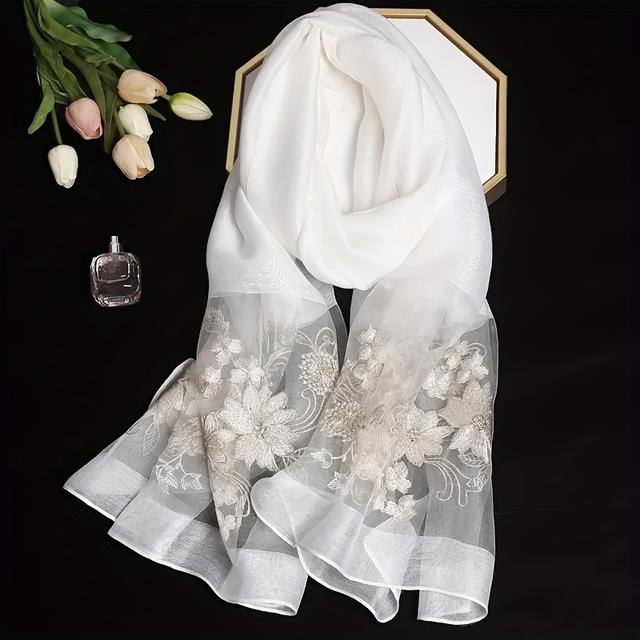 TEMU 꽃과 나비 디자인이 있는 우아한 블랙 자수 스카프 - 통기성 좋고 여성용 쇼울, 일상 스타일과 자외선 차단에 완벽|스카프