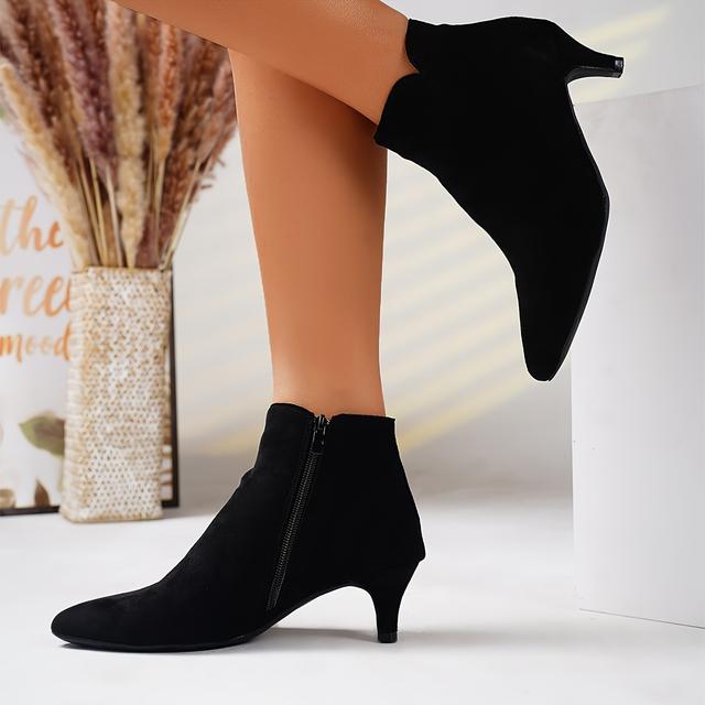 TEMU Chic Women's Ankle Booties With Side Zipper - Plush Lined, Pointed Toe Kitten Heels For & Style, All