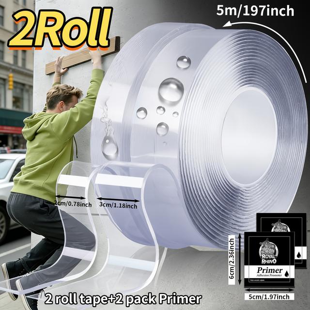 TEMU 2pcs 5m Strong Adhesive Nano Double-sided Tape, High Transparent Acrylic Tape, No Self-adhesive Adhesive, 2 Sizes (width 20/30mm), Suitable For Home And Office Use