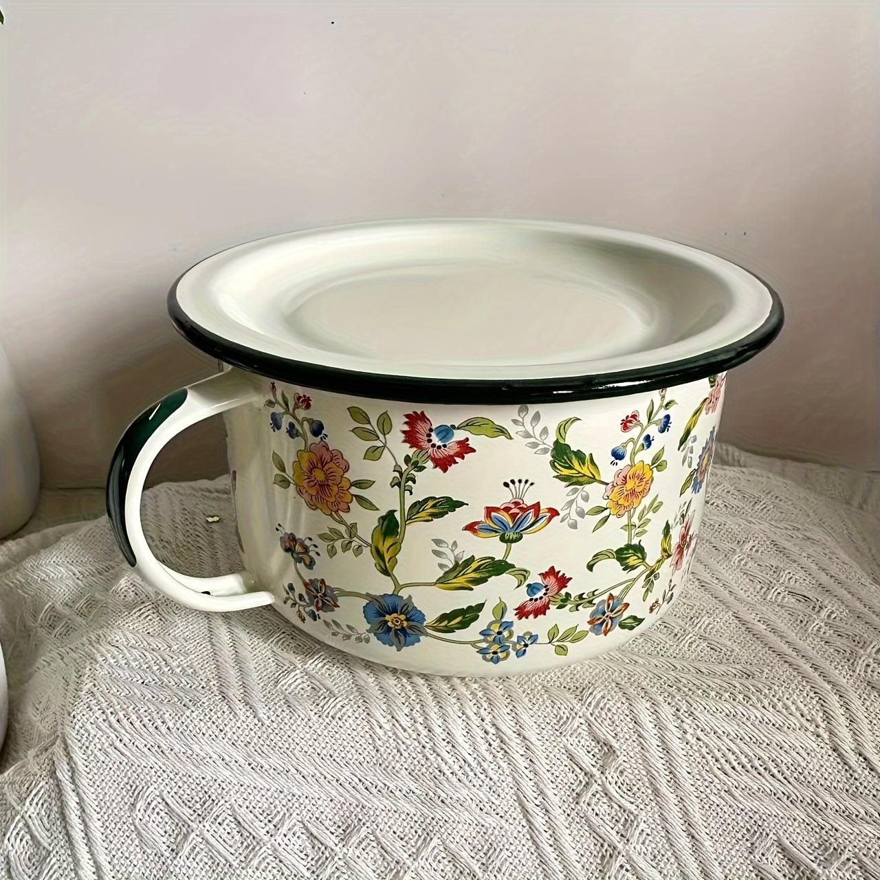 TEMU 1 Vintage Enamel Bowl With Lid - Thick Colorful Floral Pattern, Suitable For Soup, Rice, Noodles, Etc. - For Outdoor Picnics And Festive Celebrations