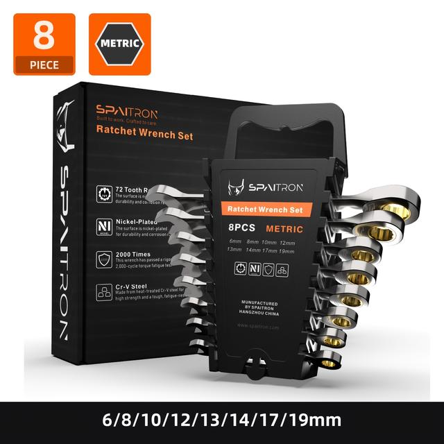 TEMU Spaitron Ratchet Spanner Wrench Set, 6-19mm, 8pcs, 72-teeth, Nickel-plated, Heavy Duty, Plastic Rack Storage, Car Auto & Home Diy Repair Hand Tools, Ideal Gift