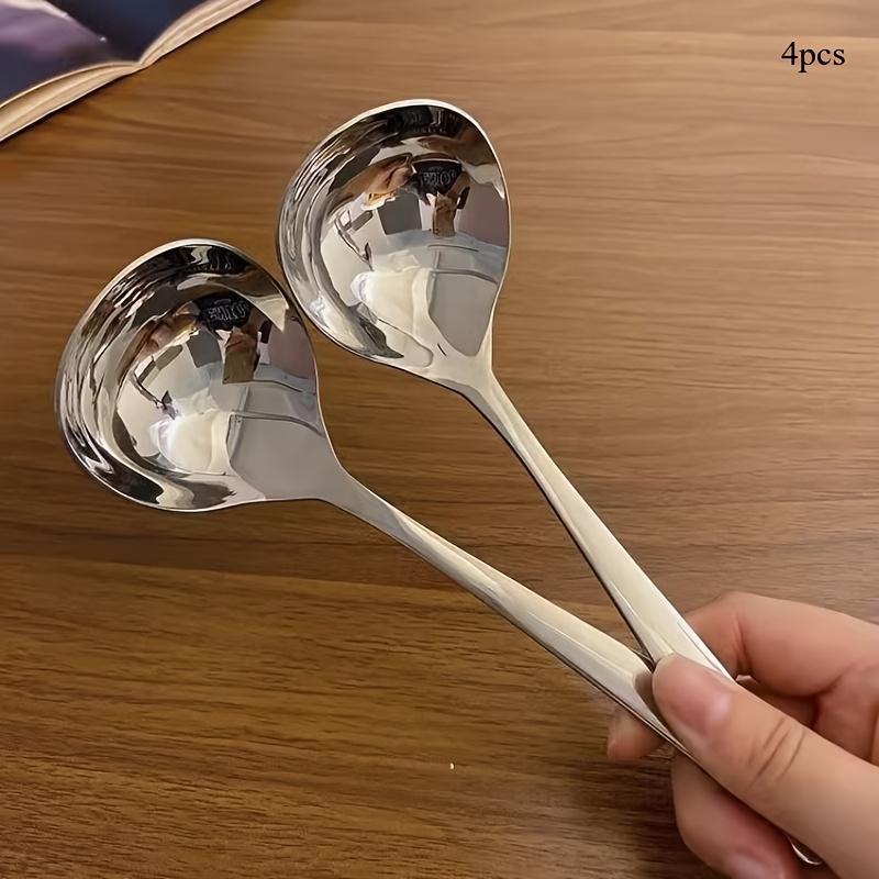 TEMU 4pcs Elegant Stainless Steel Soup Spoon Set - Long Handle, Durable & Versatile For Hot Pot, | Perfect For Home, Restaurant & Food Truck Use