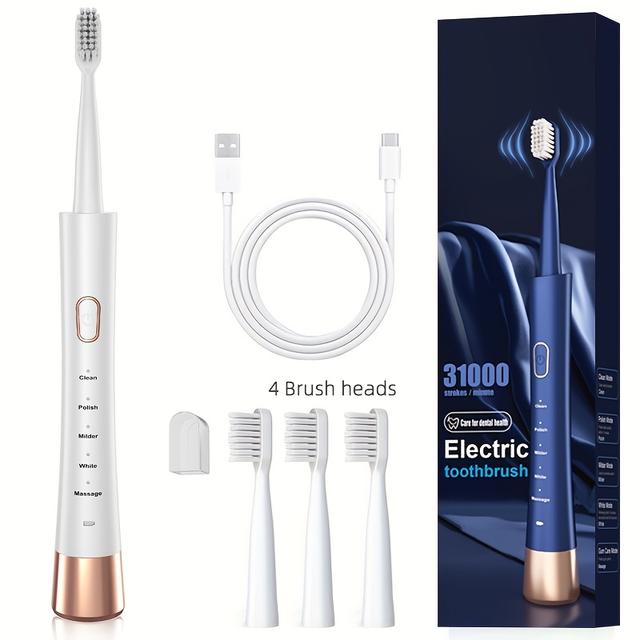 TEMU Usb Rechargeable Smart Soft-bristle Electric Toothbrush With 4 Interchangeable Heads, Fast Charging, In , Long-lasting , Model 806