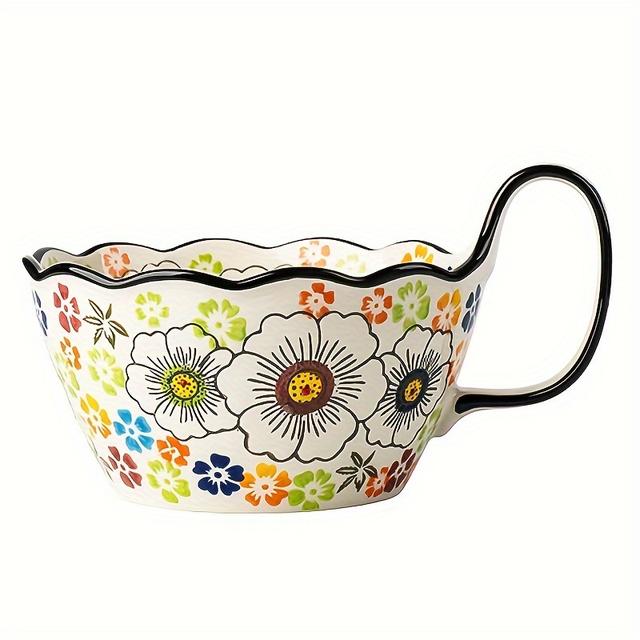 TEMU Kézzel festett japán fogantyús tál – Új kerámia sütőtál, instant tésztatál, salátatál, háztartási evőeszköz, sütőtál, háztartási készlet kanállal, reggeli gyümölcsös tál