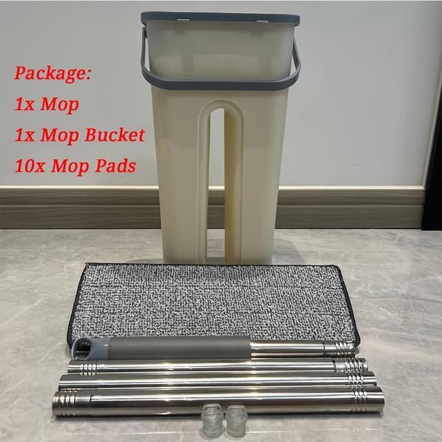 TEMU Flat Mop And Bucket Set, Easy And Simple Squeeze Mop Bucket With 10 Reusable Microfiber Mop Pads And Stainless Steel 121cm Long Handle, Microfiber Floor Mop For , Marble, Hardwood