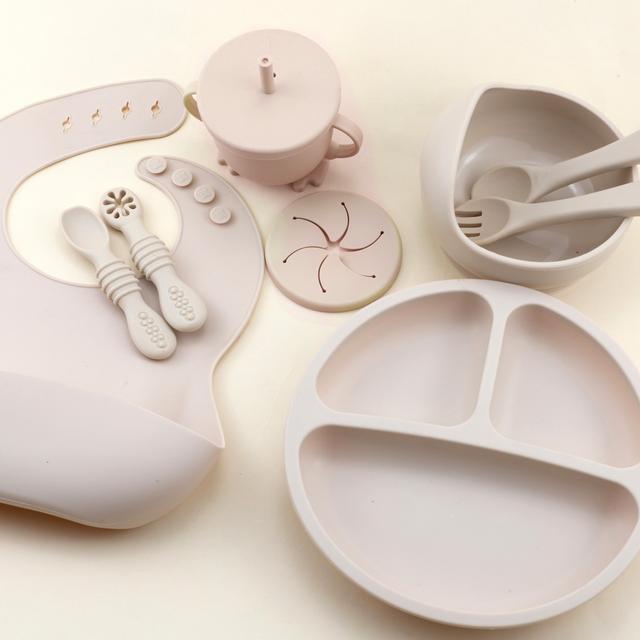 TEMU 9pcs Silicone Baby Feeding Set - Weaning Guide Kit With Suction Bowl, Divided Plate, Toddler Self-feeding Plate, Spoon, Fork, Adjustable Bib, And Sippy Cup For Infants And Toddlers