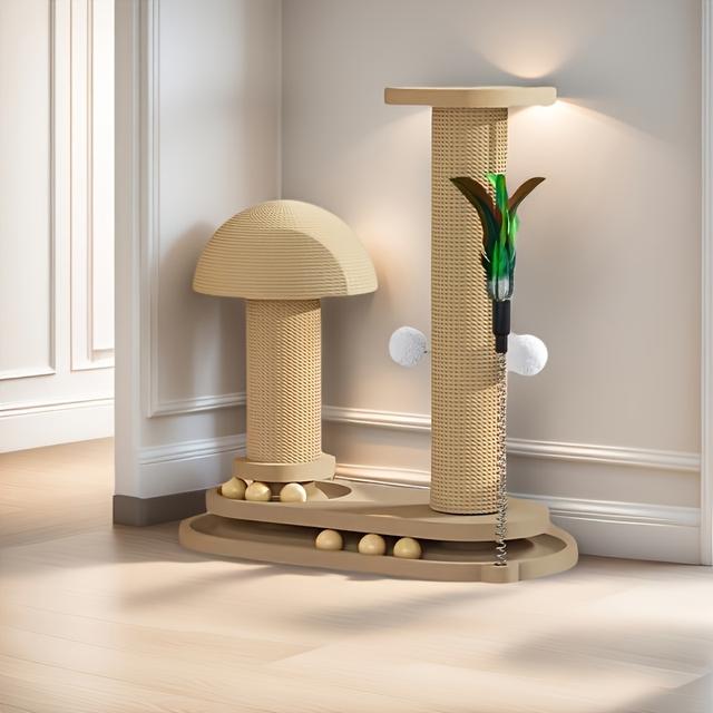 TEMU Een krabpaal voor katten die ruimte inneemt, met een ladder om mee te klimmen, gemaakt van duurzame materialen, ontworpen voor zelfstandig spelen, en combineert een krabplank met een speeltje.