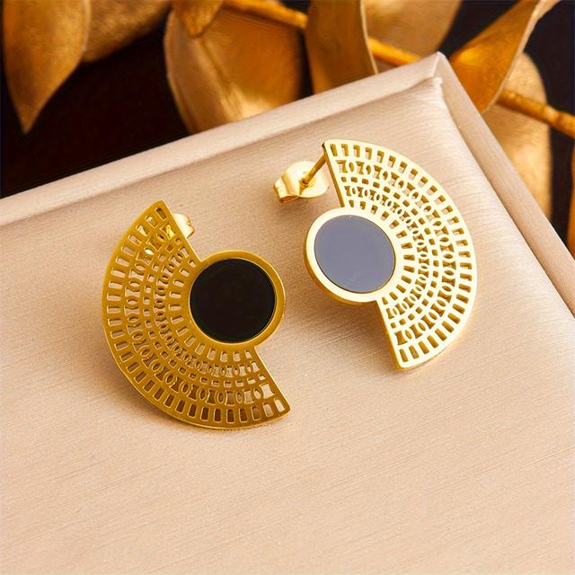 TEMU Stainless Steel Golden Necklace Fan-shaped Earrings For Women's Party Jewelry