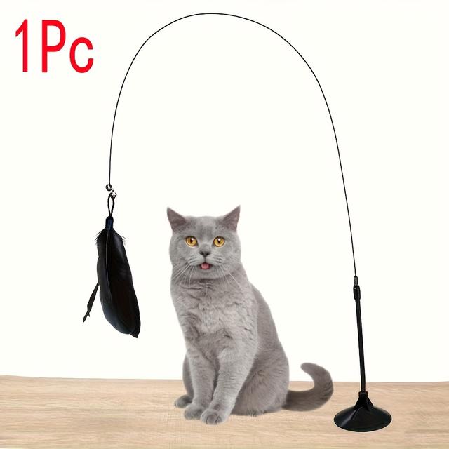 TEMU 1pc Pet Cat Feather Toy, Interactive Toy, Cat Supplies Teaser Wand And Suction Cups - Long Steel Rod & Colorful Artificial Feathers - Bite-resistant, Endless Entertainment For Cats