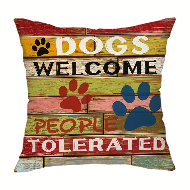 TEMU 1pc Rustic Wooden Dog Themed 17x17 Inch Throw Pillow Cover, "dogs Welcome People Tolerated" Sofa & Bed Decor, Farmhouse Style Pillowcase For Dog Lovers, Blend, Pillow Insert Not Included