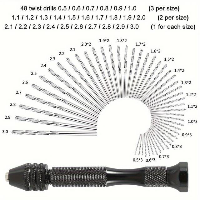 TEMU Mini Micro Aluminum Hand Drill With Keyless +48x Alloy Steel Twist Drills Rotary Tools Wood Drilling