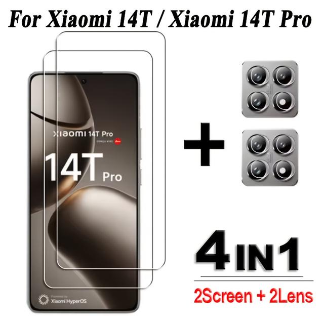 TEMU Xiaomi 14t/14t Pro 4-in-1 Tempered Glass Screen Protector With 2 Camera Lenses, Full Glue Clear Glossy Film, Protective Cover For Smartphone