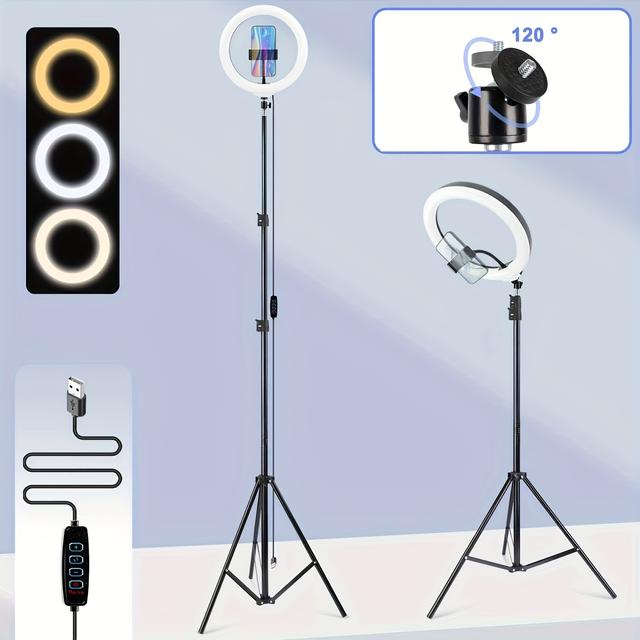TEMU Триколірна LED кільцева лампа UEGOGO 10 дюймів з штативом 160 см, живлення від USB, з регульованою яскравістю, підходить для прямих трансляцій, нанесення макіяжу та для фестивалів та вечірок