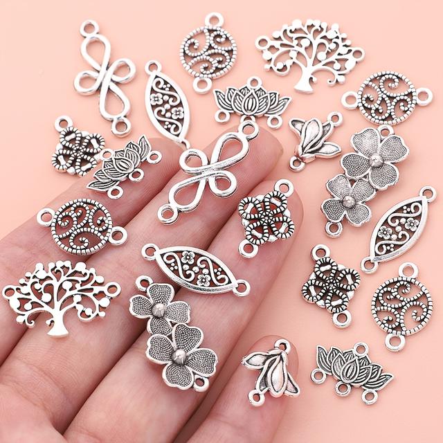 TEMU 40g . 48-55pcs Mixed Flower, Grass & Tree Charms With Double-hole Pendants - Alloy Connectors For Earrings, Bracelets, Necklaces, Making Accessories, Beading Supplies, Holiday Gift Set