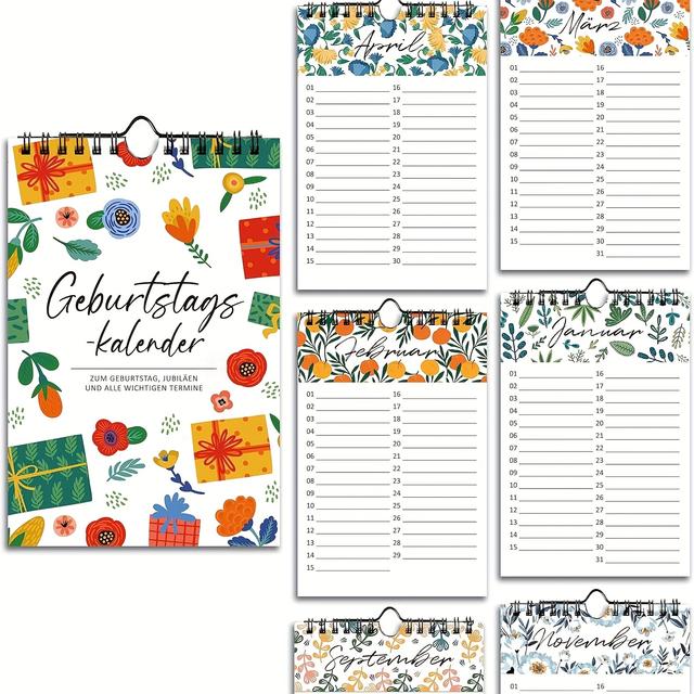 TEMU BIROYAL Ewiger Geburtstagskalender - Zeitloses Blumenmuster mit Geschenkbox-Illustrationen | Geburtstagplaner für Erwachsene | 160gsm Premium Papier | Wand- oder Schreibtischdeko | bis Layout