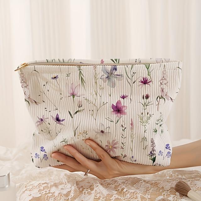 TEMU Chic Floral Corduroy Makeup Bag With Zipper - Lightweight, Multi-functional Cosmetic & Toiletry Organizer For Women, Storage Bag, Wash Bag, Lining