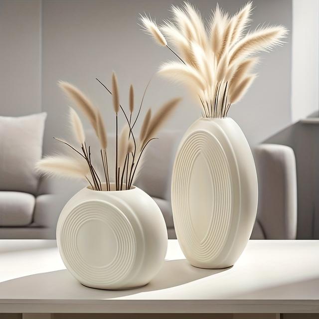 TEMU 2pcs Modern Minimalist Matte White Plastic Vase Set | Textured Home, Office Decor, Elegant Plastic Vase Set For Wedding Centerpieces And Table Decorations
