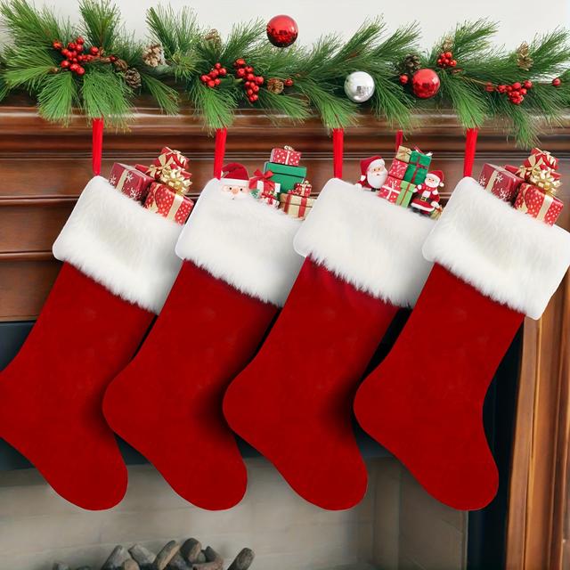 TEMU Set Of 4 Christmas Red And White Stockings, Made Of And White Polyester Velvet, Perfect For Decorating For Family Holiday Christmas Parties And As Festive Ornaments