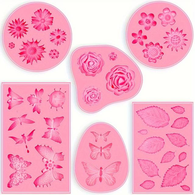 TEMU 6pcs Fondant Molds, Mini Flower Mold Molds Leaf Mold, Rose Clay Molds Pink Polymer Clay Molds, Silicone Molds For Cake Decorating - /rose/leaves