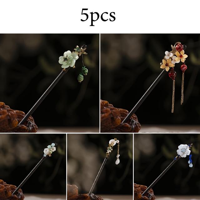 TEMU 5pcs Of Floral Wooden Hairpins, A New Chinese Retro Minimalist Style Hair Accessory, Perfect For Updos At The Back Of , Ideal For Gifting