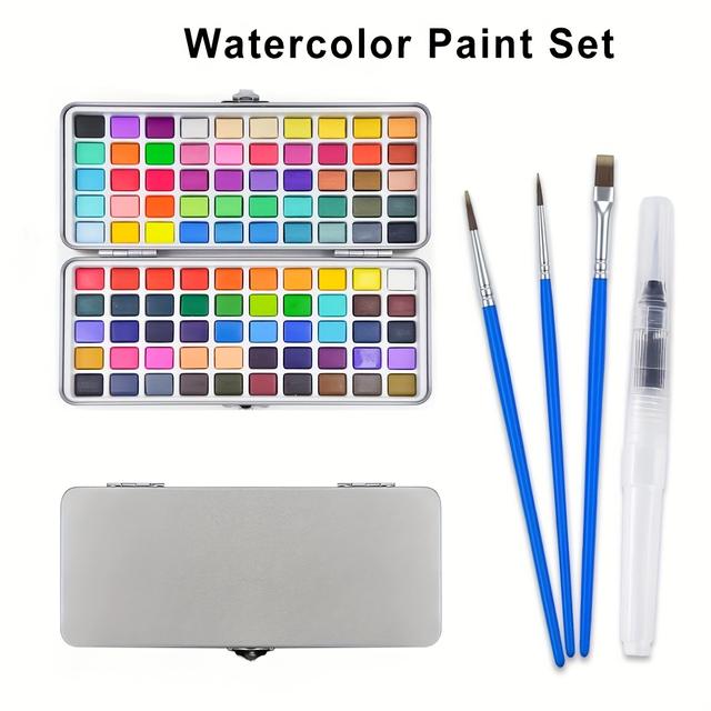 TEMU 100 Colors Watercolor Paint Set - 50 Regular, 35 Metallic, 10 Macaron And 5 Fluorescent Colors - Portable With Carrying Case, Water Brush Pens & Additions - For Professional Artistic Use