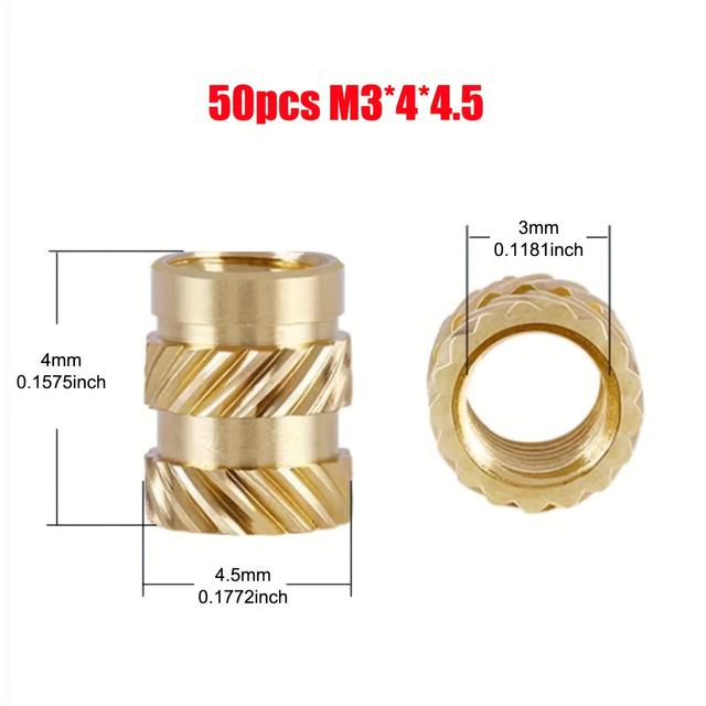 TEMU 50ks M3 Mosazná vložková matice pro horké tavení, vstřikování, tisk 3D, plastová deska, dvojitý kosočtverečný rýhovaný závit