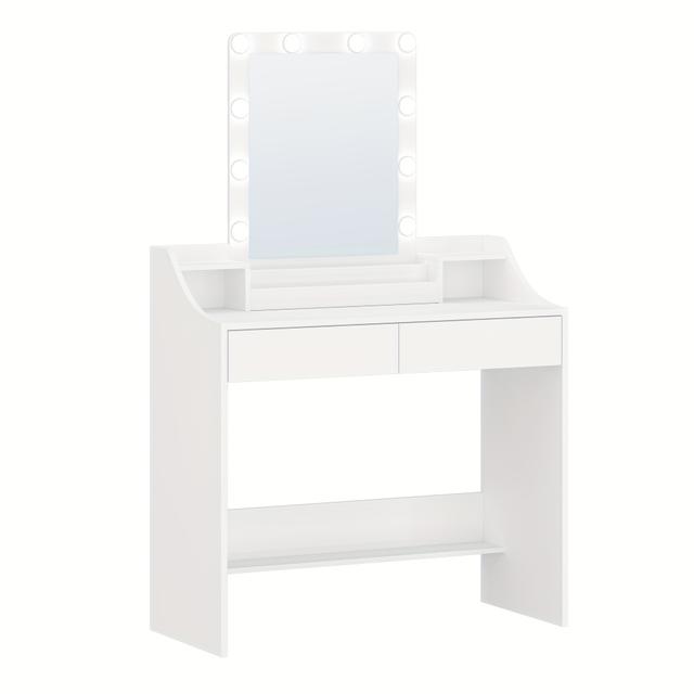 TEMU Estante de tocador con iluminación LED, ajustable, tocador con espejo, con 2 cajones y 3 compartimentos abiertos, moderno, , sistemas de armarios montados