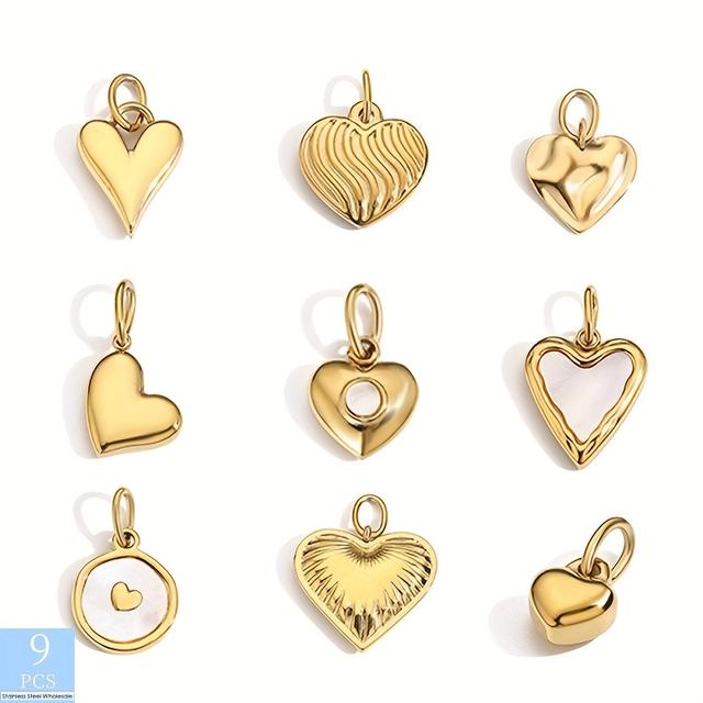 TEMU 9pcs Carnival Set Featuring Stainless Steel Pendants With Designs, Including Shaped Minimalist Hearts Suitable For, Offering A Trendy Of Additions