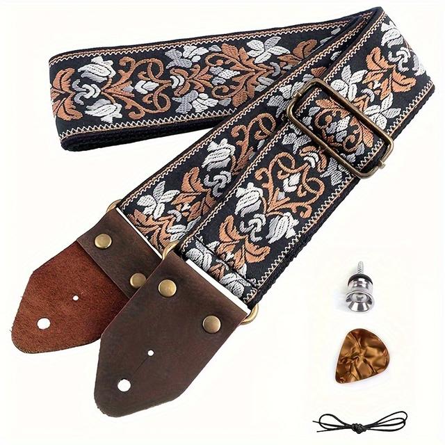TEMU Sangle de Guitare, Sangles de Guitare à Broderie Jacquard avec Extrémités en Similicuir pour Basse, Électrique & Acoustique, Meilleurs Cadeaux pour Guitaristes