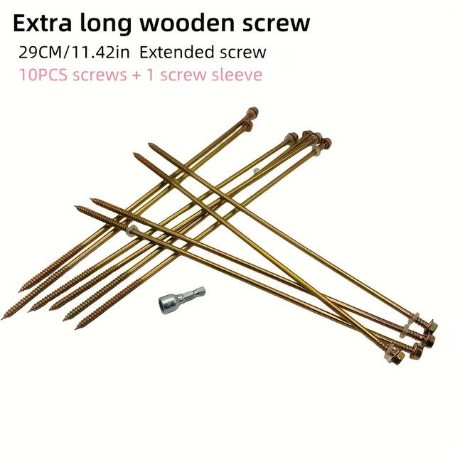 TEMU 11pcs Of Extended Hex Head Screws, 11.42 Inches Long, Made Of Galvanized Carbon Steel, Featuring Right-hand Threads With Washers On Ends, Including A Hex Socket, Suitable For Fastening Wood And