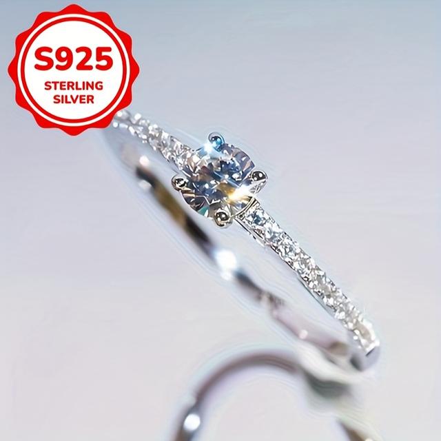 TEMU Classic 925 Silver Four-claw Round Full-circle Ring For Women, Geometric Couple Engagement Gift Jewelry