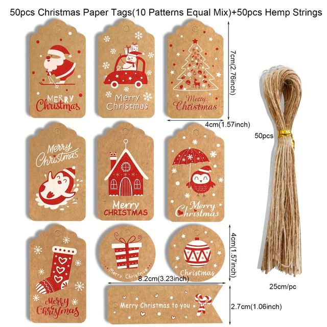 TEMU 50-pack Christmas Tags Set, Rustic Brown Paper Gift Labels With Santa & Fox Designs, Festive Holiday Party Decor With Ribbon, Artistic Crafts & Sewing Supplies For Gift Wrapping