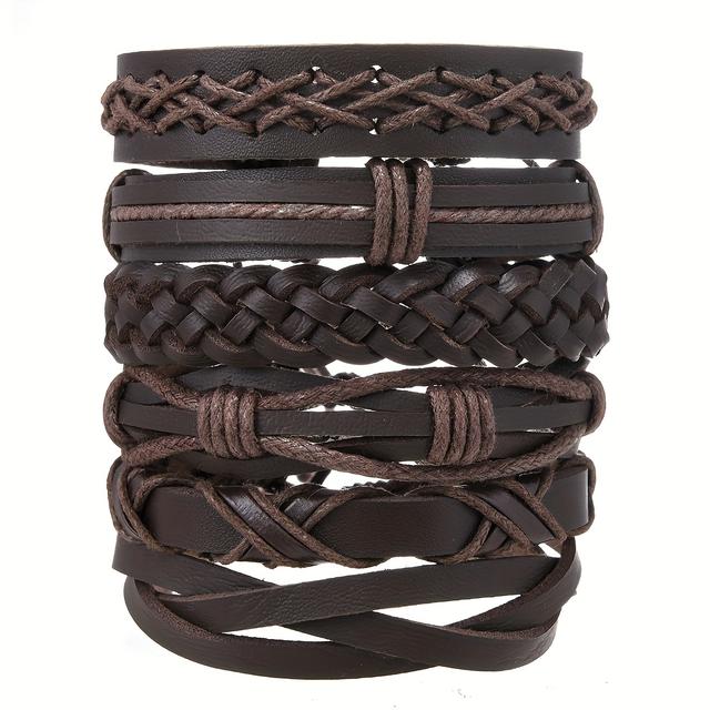 TEMU 6pcs Unisex Leather Bracelet Set, Adjustable Multi-layered Bangle