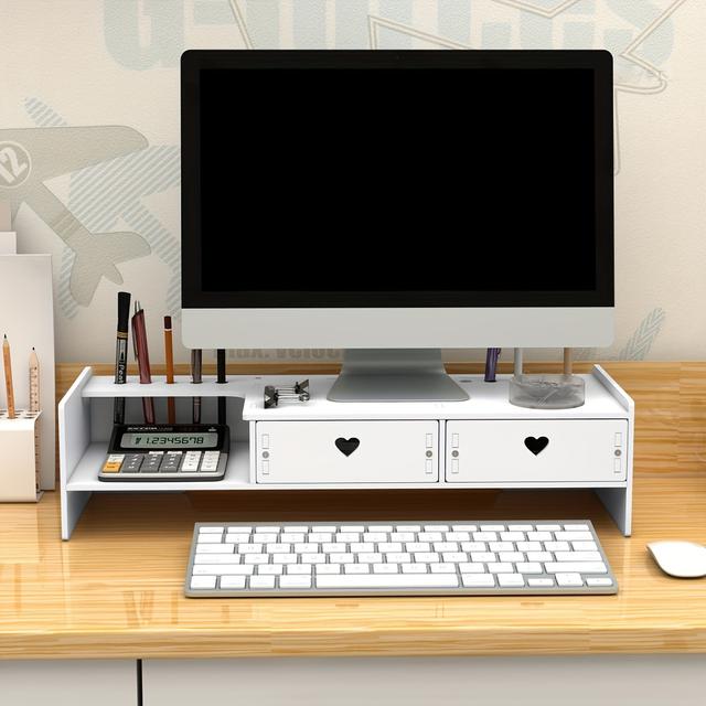 TEMU Ergonomic Adjustable Desktop Monitor Riser With 2 Storage Drawers & Heart Cutouts - White Pvc Computer Desk Organizer For Office, Home , Space-saving Design