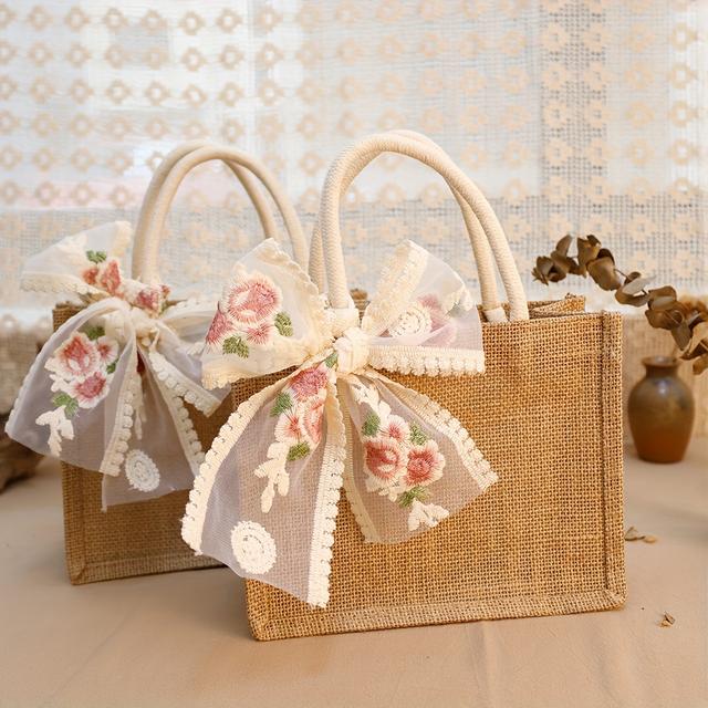 TEMU 2pcs Elegant Burlap Tote Bags With Floral Lace Ribbon Decor - Ideal For Wedding, Engagement, Anniversary & Bridal Shower Gifts - Jute Material With Rope Handles
