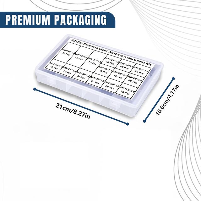 TEMU Fender Washers For Screws — 225pcs Washers Assortment, Washers For Bolts In 15 Different Sizes ( M3 M4 M5 M6 M8 M10 M12)—stainless Steel Washers For Home & Industrial