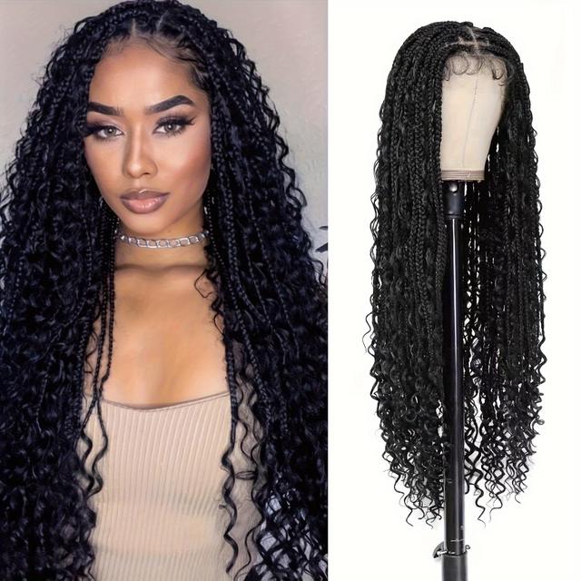 TEMU Women's Knotless Braided Wig - Double Full Lace Front, Natural Black Synthetic Hair, For Everyday & , Braids, , Hairstyle, Bohemian Hairstyle, Seamless Blend, Fashion Accessory