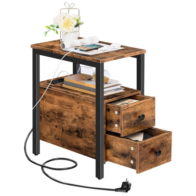 TEMU Stolik Boczny ze Stacją Ładowania, Stolik Sofowy z 2 Szufladami, USB i Gniazdkiem, Stolik Nocny do Małych Przestrzeni, Stabilny i Solidny, do Salonu, Sypialni, Ciemnobrązowy