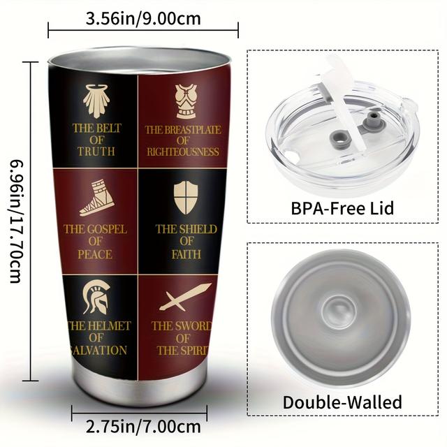 TEMU Armor Of God Stainless Steel Tumbler 20oz - Christian Gifts For Men And Women - Multipurpose Reusable Cup With Bpa-free Lid - Hand Wash Only - Ideal For Father's Day, Christmas, Birthdays