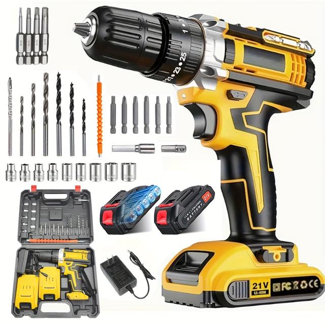 TEMU 【電動ドリル・ドライバー】バッテリー2個付き、21V充電式電動工具。25段階のトルク調整、逆回転機能、21個のビット（穴あけ・組み立て家具用収納ケース付き）セット
