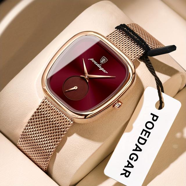 TEMU ساعة الأنيقة بتصميم مربع وردي - سوار شبكي من الفولاذ المقاوم للصدأ مقاوم للماء، ساعة يد بحركة كوارتز مع مينا أسود وأيدي وردية، مناسبة للحفلات، الاستخدام اليومي والسباحة، مقاومة للماء حتى 3ATM