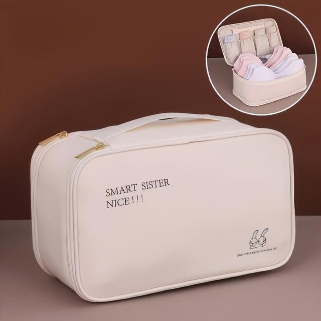 TEMU Beige & Double Layer Travel Organizer, Lightweight Nylon, Multi-compartment, Ideal For Bras & Socks, , Paint, Women's Suitcase Accessory